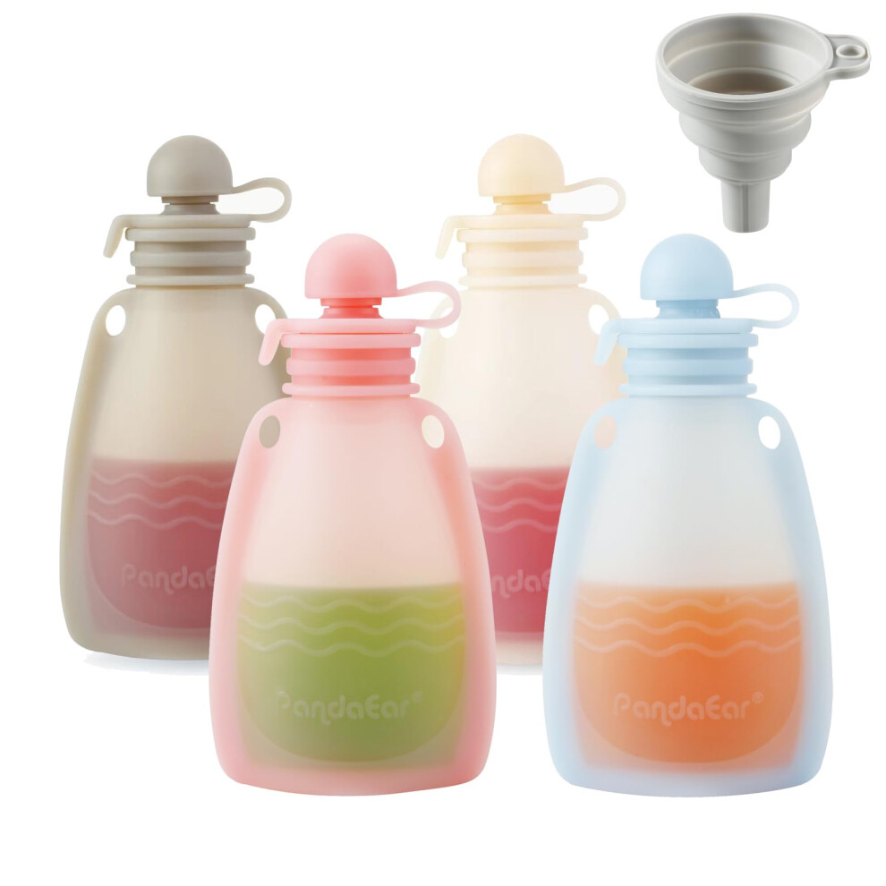 Pandaear 4 Pack Reusable Silicone Baby Food Pouches, Squeeze Pouches For Toddler Kids, Bpa-Free Silicone Refillable Baby Food Storage, 5 Oz