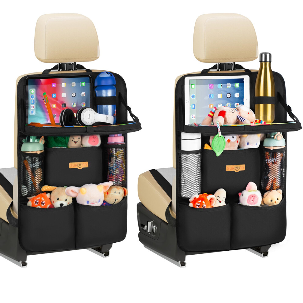 Car Seat Organiser Kids With Foldable Tray – Seat Storage With Touchable Tablet Pocket, Roadtrip Essentials – Fits Most Vehicles Surdoca