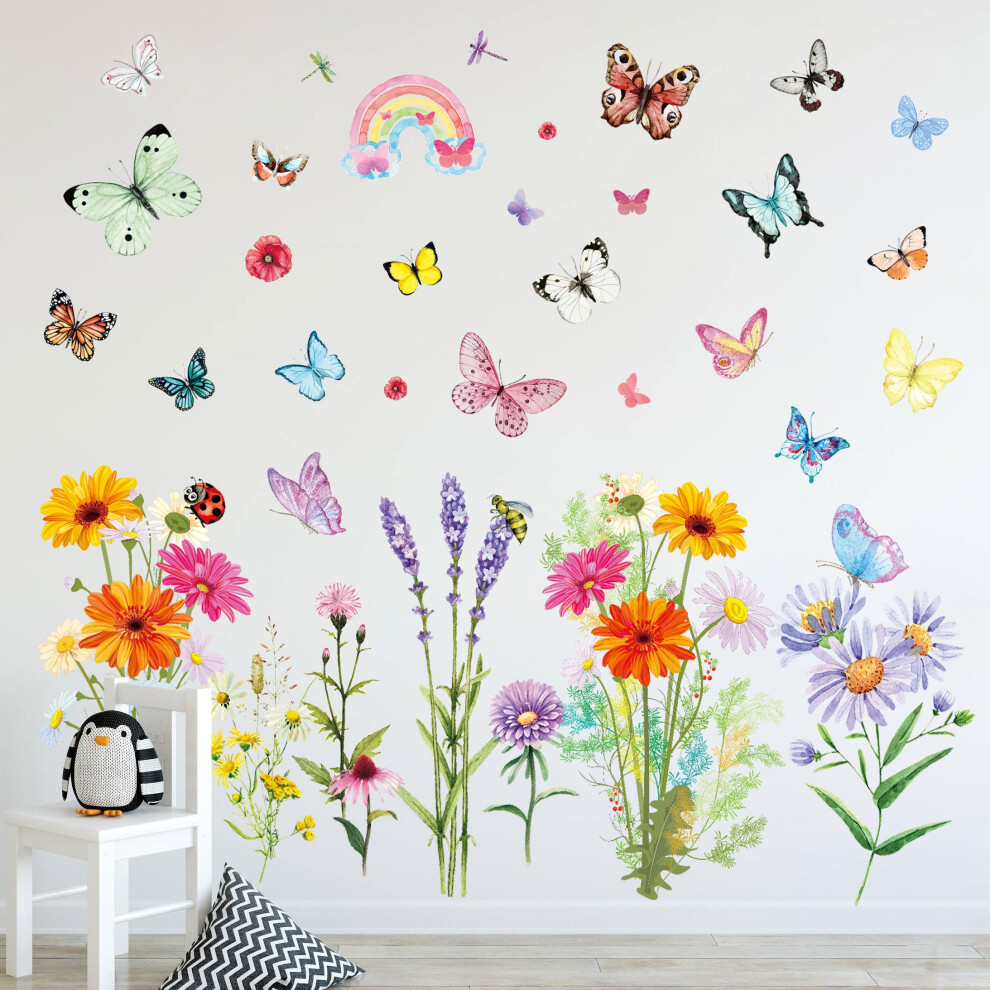 Flower Wall Stickers Colorful Butterfly Wall Stickers Daisy Rainbow Kids Wildflower Butterflies For Kids Girls Bedrooms Living Room Nursery Decoratio Aomaic
