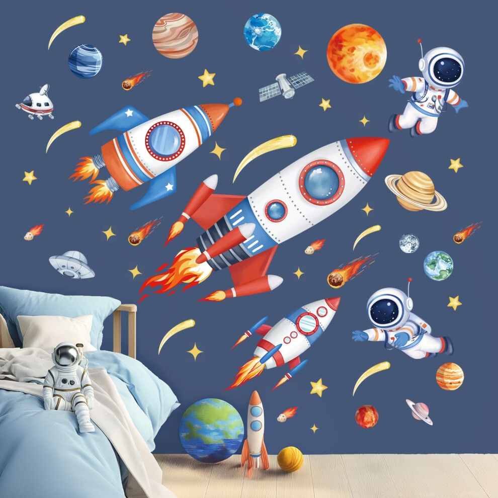 Wondever Outer Space Rockets Wall Stickers Planets Star Spacecraft Astronaut Peel And Stick Wall Art Decals For Baby Nursery Boys
