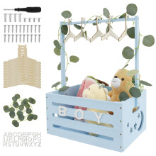 GWCYMYD Baby Shower Crate Closet, Wooden Baby Basket with 10 Hangers & Green Garland, Storage Crate with Handle, Wood Clothes Rack for Newborn Girl B