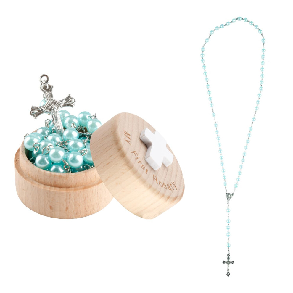 Tabanzhe My First Rosary Baptism Gift - Blue Rosary Beads Necklace With Memorial Keepsake Box,Christening & First Communion Gifts For Women Kids Baby