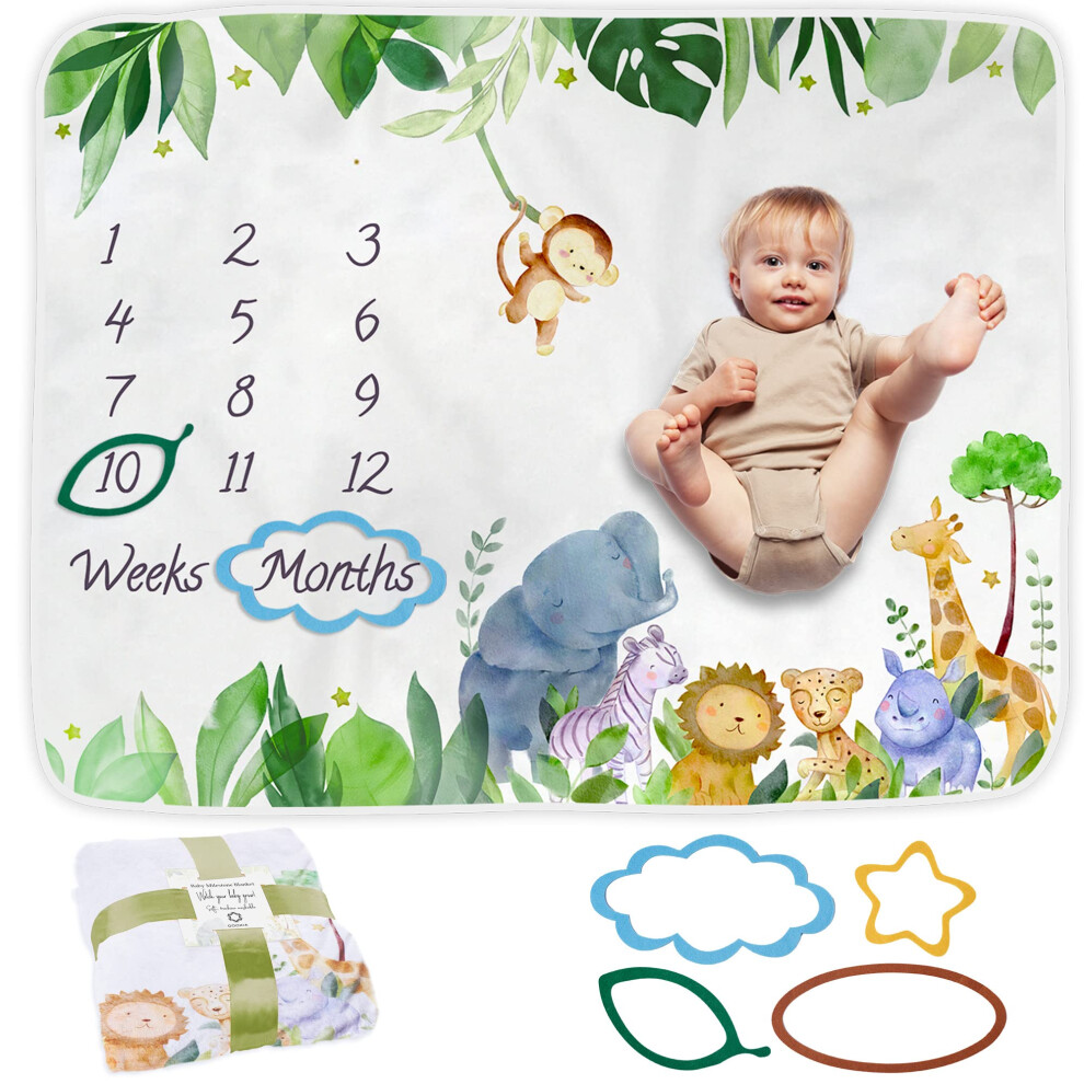 Odoxia Baby Milestone Blanket | Monthly Photo Mat For Newborn Boy Or Girl, Unisex | Safari Theme | Personalised Baby Shower Present For New Mums | Age Mat |