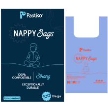 Pastiko Compostable Nappy Bags | 100 Pcs | Extra Thick Leakproof Nappy Sacks | 100% Biodegradable & Plant-Based Large Diaper bag