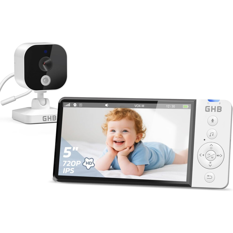 5-Inch Baby Monitor With Camera And Night Vision, Ips Screen, 2-Way Audio, Temperature Sensor, Digital Zoom, Lullabies, Feeding Reminder, Vox Ghb