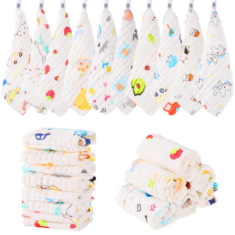Radsocken 10 Pack Muslin Cloths For Baby,25X25cm Muslin Squares Soft Burp Cloths Cotton Baby Wash Cloths, 6 Layers Cotton Baby Towels With Printed De