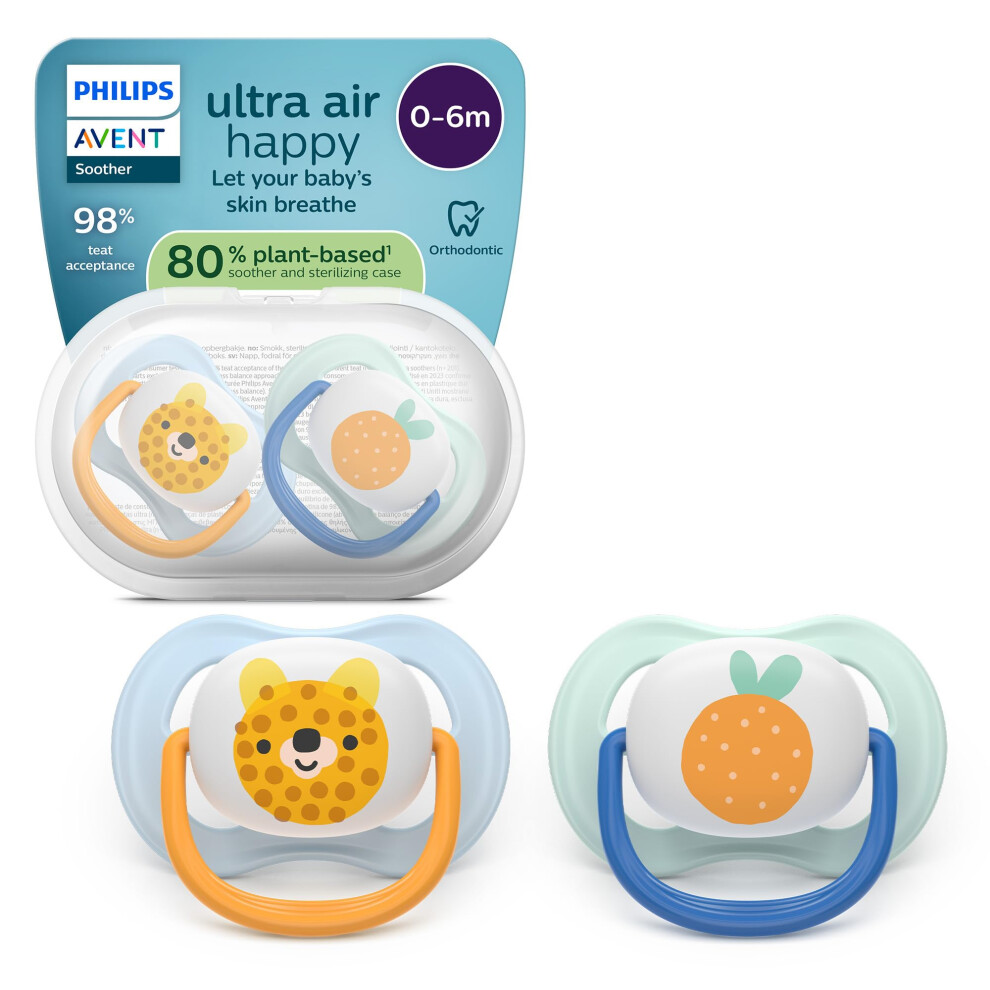 Philips Ultra Air Soothers - Orthodontic, Babies 0-6 Months, Soft Silicone Teat, Bpa-Free, Sterilising Case, 2 Pack, Scf080/23 Avent