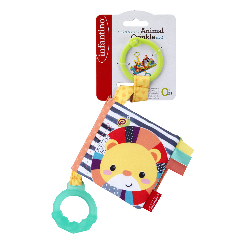 Infantino - Animal Crinkle Book - Multicoloured Fabric Crinkle Book - Scrunching Page Sounds - Round Teether - Squeaker - Animal Themed