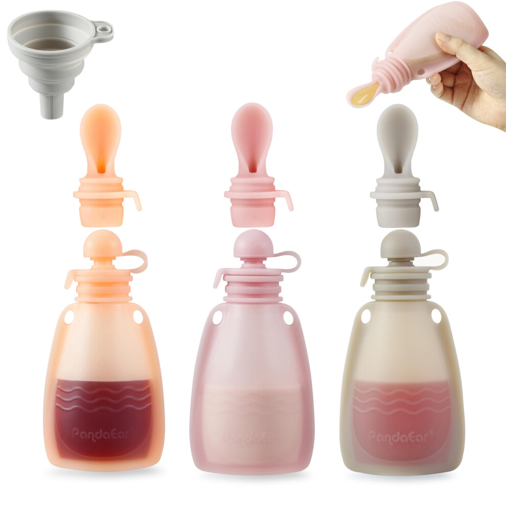 3 Pack Reusable Baby Food Pouches With Spoon Attachments & Filling Funnel – Silicone Squeeze Feeder For Weaning Pandaear