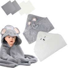 Nexhyp 2PCS Hooded Baby Towels Set with 4 Wash Cloths, Ultra-Soft Absorbent Newborn Bath Towels with Cute Animal Design, 80x80CM Baby Towel for Boys