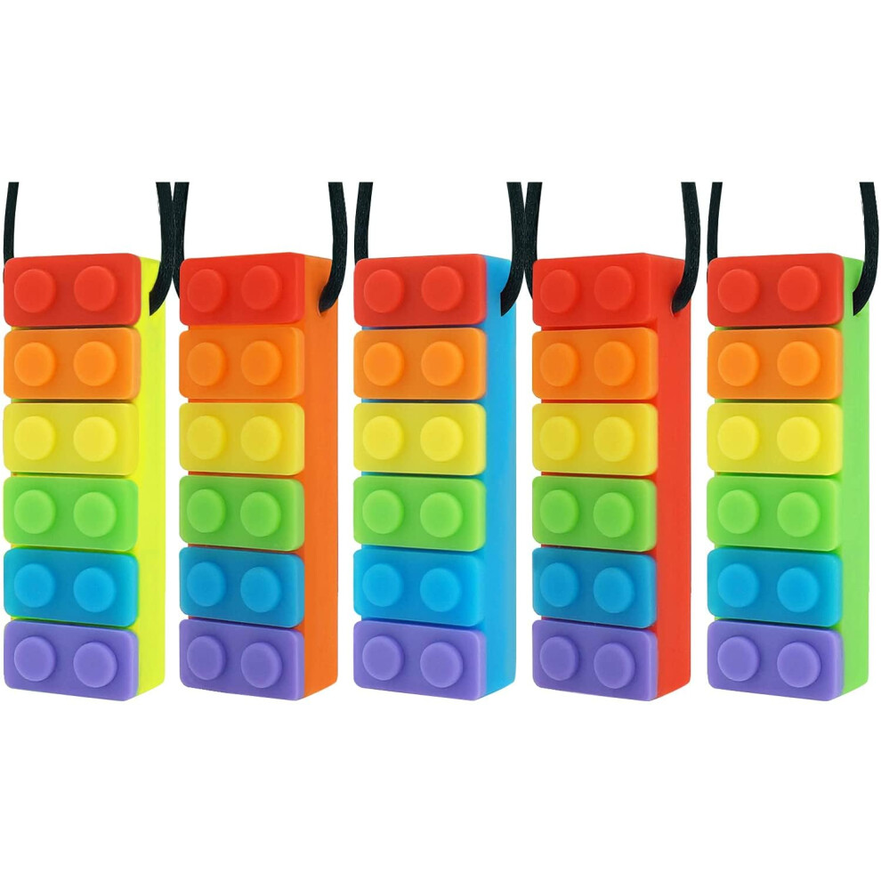 Sensory Chew Necklace, 5 Pack Rainbow Color Silicone Chew Pendant Training And Development Chewing Necklace For Teething Babies, Autism Adhd Novelfun