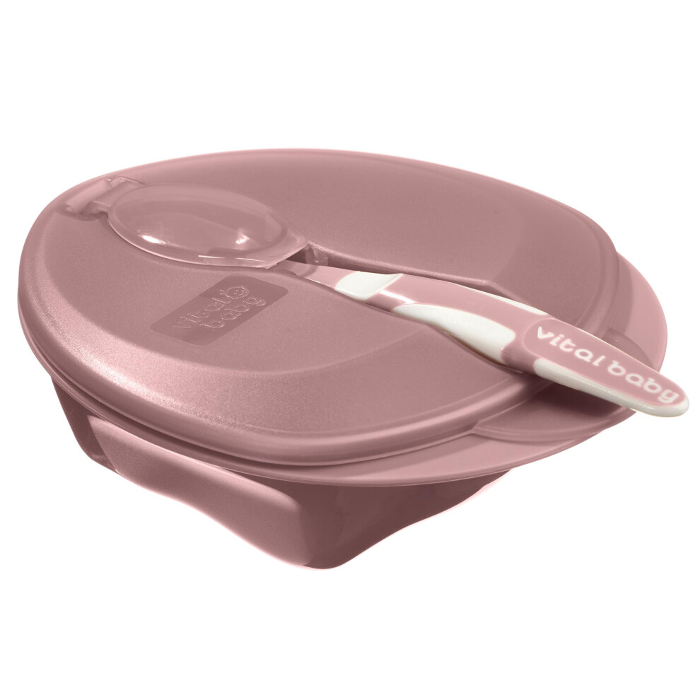 Nourish Weaning Bowl With Lid & Spoon 6M+, Berry Food Mashing Zones, Soft Spoon Tip, Earthsmart Biodegradable Pink Vital Baby