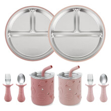 PandaEar 8 Pack Stainless Steel Baby Feeding Set | 2 Pack Divided Baby Plates with Suction, 2 Pack Sippy Cup with Straw, 2 Spoon & 2 Fork | BPA-Free