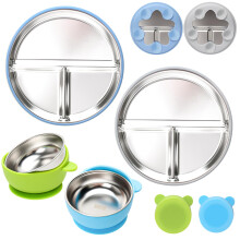 CLDY 4 Pack Stainless Steel Baby Plates and Bowls Sets - with 100% Silicone Suction Plate Base, Toddler weaning wlates Dinner Set - Unbreakable Divid