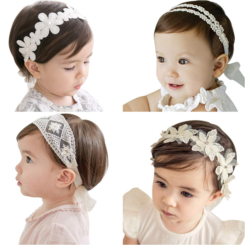 Vegcoo 4 Pcs Baby Girl Headbands With Grosgrain Ribbon Faux Leather Stars For Baby, Girl, Toddler, Kids As Party/Wedding/Photography Accessories (White)