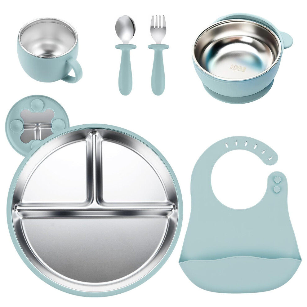 Comeder Stainless Steel Baby Feeding Set, Dishwasher Safe Toddler Utensils, Divided Plates For Led Weaning Supplies For 6-12 Months Baby (Set 3)