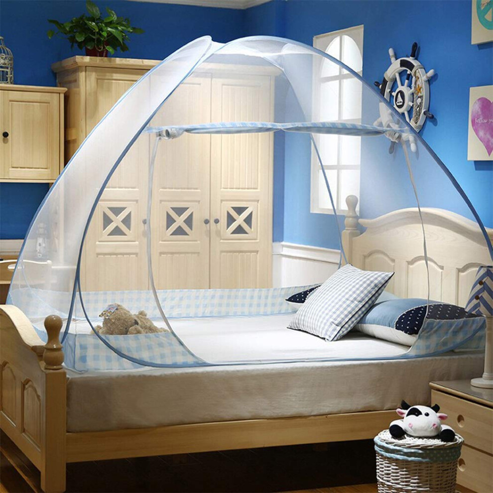 Mosquito Net, 150X200cm Bed Canopy, Portable Travel Mosquito Nets, Foldable Double Door Mosquito Camping Curtain- Edge Blue Digead