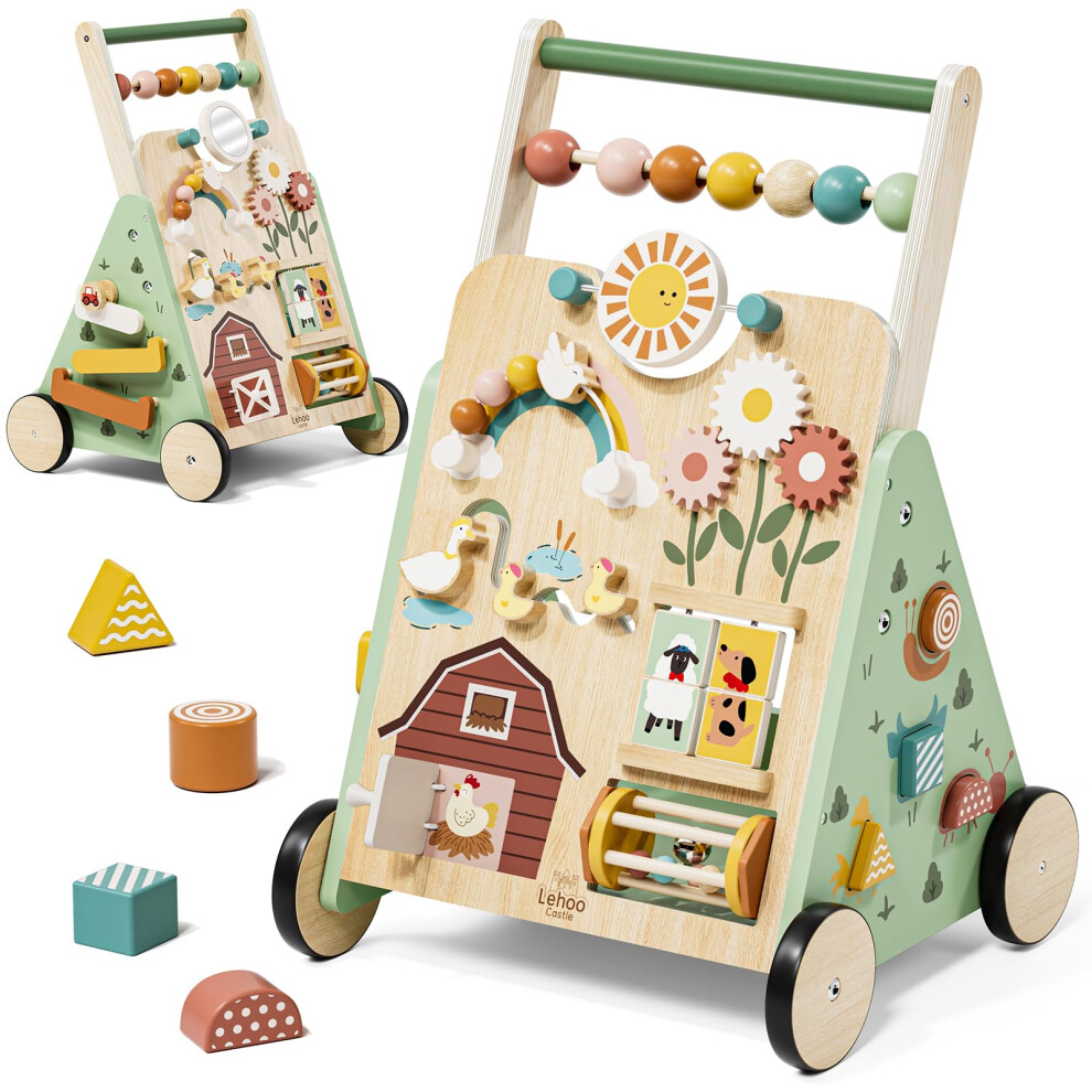Wooden Baby Walker, Push Along Walker Baby Toys For 1 2 Year Olds, 10 In 1 Multiple Learning Walking Activity Center Gifts For Boys Girls Lehoo Castle