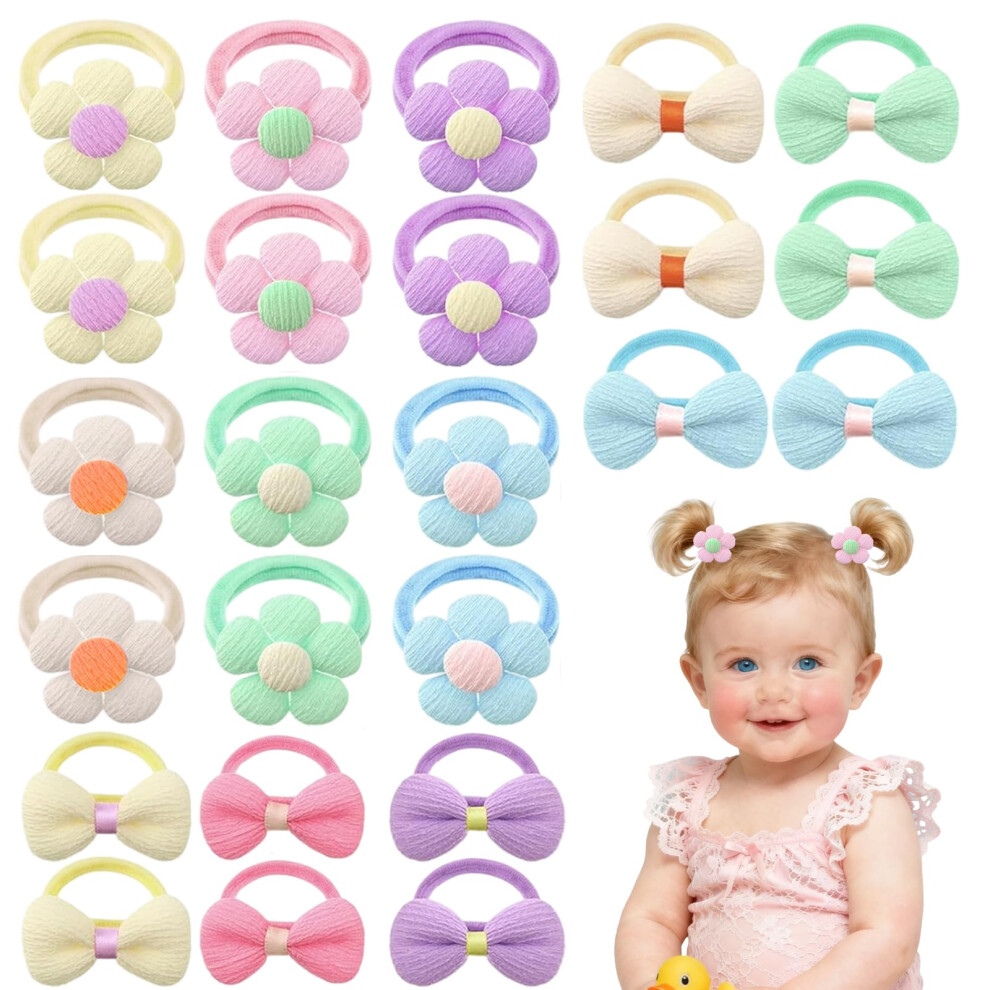 Tagmeiu 24Pcs Baby Girls Hair Ties, Soft Seamless Elastic Baby Hair Bobbles, Cute Flower And Bow Hairs Accessories For Girls Toddlers Kids Ponytail