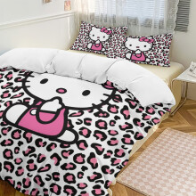 (135CM X 200CM) Pink Leopard Hello Kitty Comforter Set Soft 3 Pcs Twin Bedding Sets Thicken