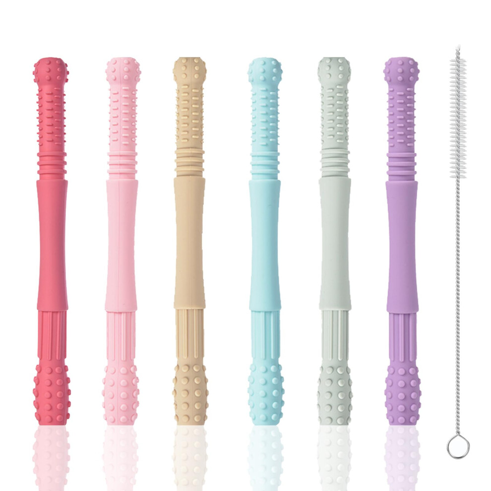 Silicone Baby Teether Tubes, 6 Pack Hollow Teething Sticks For Kids Nursing Biting | Anxiety Relief Soft Sensory Chew Straw Toys For Infant Fitulabo