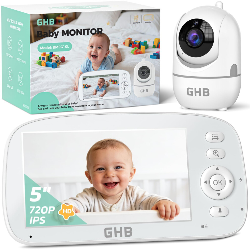 Ghb Baby Monitor With Camera And Night Vision, 5 Inch Screen, 2-Way Audio, Temperature Sensor, 4X Zoom, Lullabies, Feeding Reminder, Vox Mode