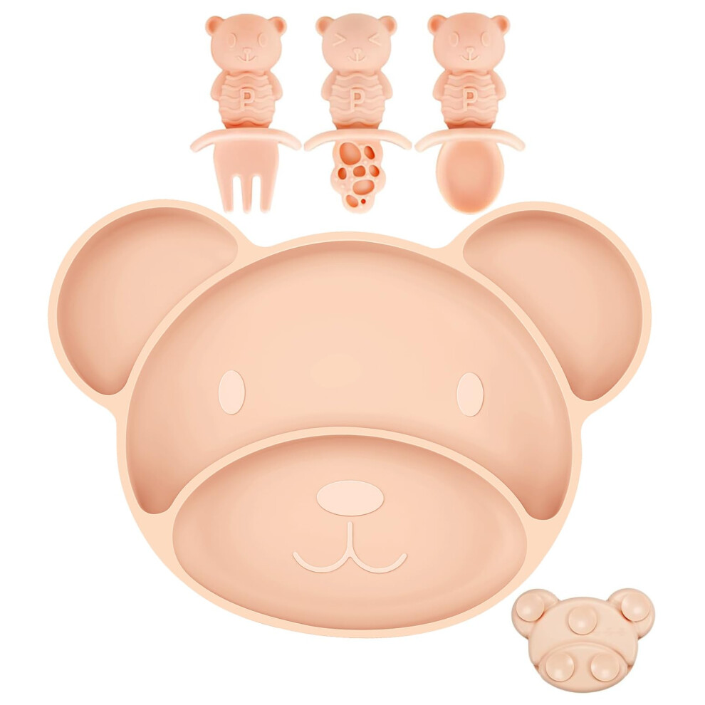 Silicone Suction Plate Spoon And Fork For Self-Feeding, Divided Toddler Plate, 100% Silicone Baby Food Plate, Bpa Free, Microwave Safe, Bear Pandaear