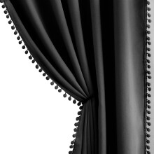 Black Pom Pom Curtains for Bedroom Living Room 90 Inch Triple Weave 100% Blackout Window Curtain Panels for Hotel Men's Guest Room Darkening Pencil P