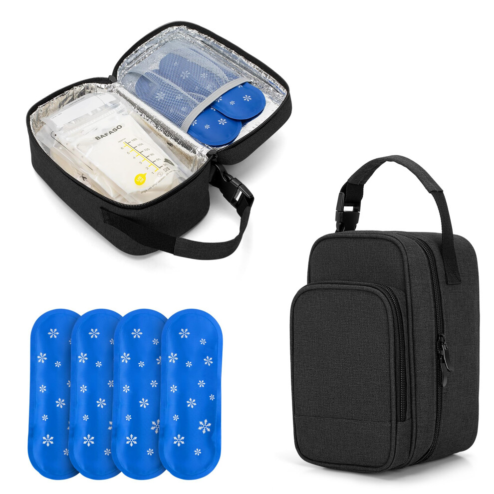Insulated Breastmilk Cooler Bag With 4 Gel Ice Packs, Breastmilk Cooler Fits 6 Bags Of Breastmilk, Black Bafaso