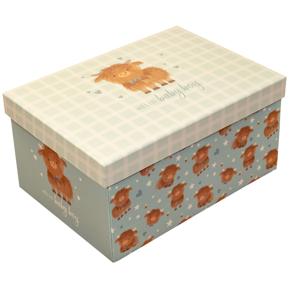 “Hello Baby Boy” Keepsake Gift Box – Highland Cow Newborn Memory Box For Baby Shower, Christening & New Baby Presents – Blue Design By Violet