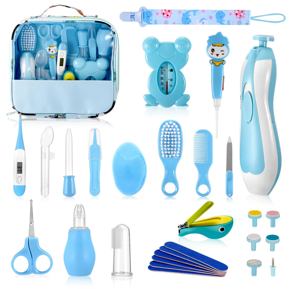 Baby Healthcare And Grooming Kit, 28Pcs Upgraded Safety Care Kit, With Hair Brush Comb Nail Clippers And More For Newborn Infant Toddlers Baby (Blue) Blue Awsghlf