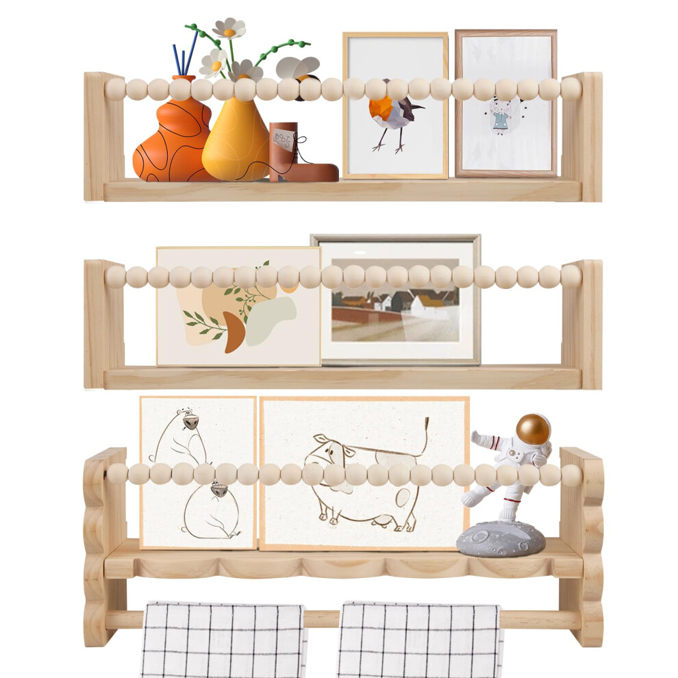 Neulriscn Nursery Book Shelves For Wall, 40Cm Wooden Floating Book Shelves Set Of 3, Wall Mounted Kids Bookshelf With Hanging Rail, Baby Nursery Deco