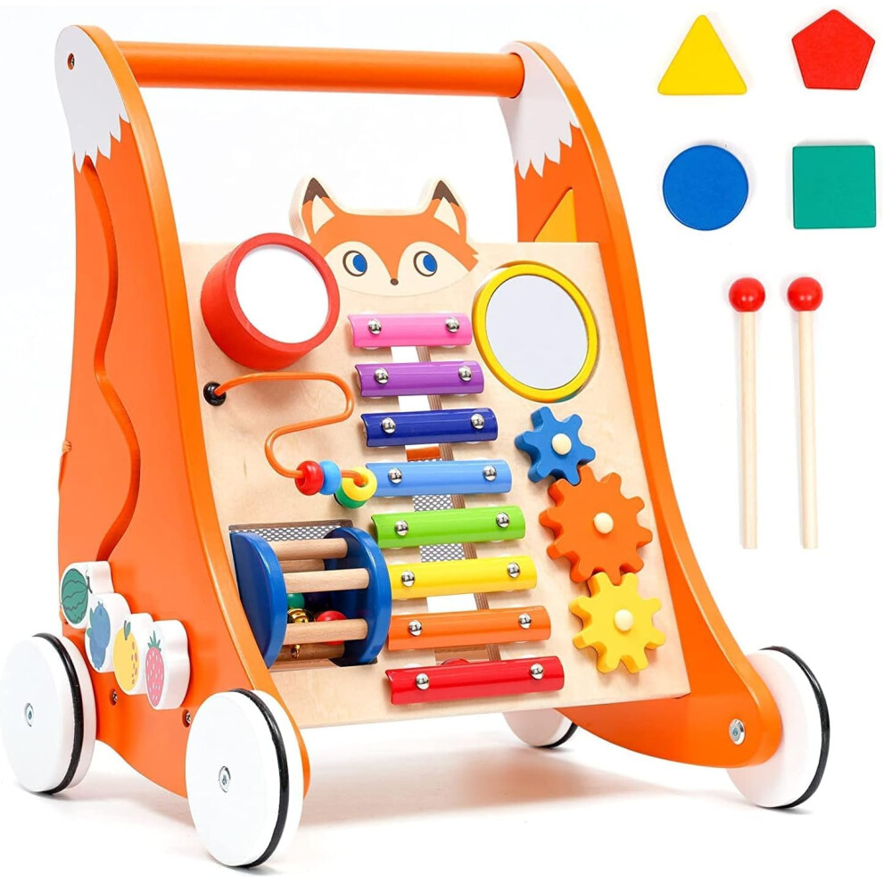 Wooden Baby Walker Push Toy, Sit-To-Stand Baby Push Walkers With Xylophone, Gears, Puzzles For Toddlers, Montessori Activity Center Yuleyu