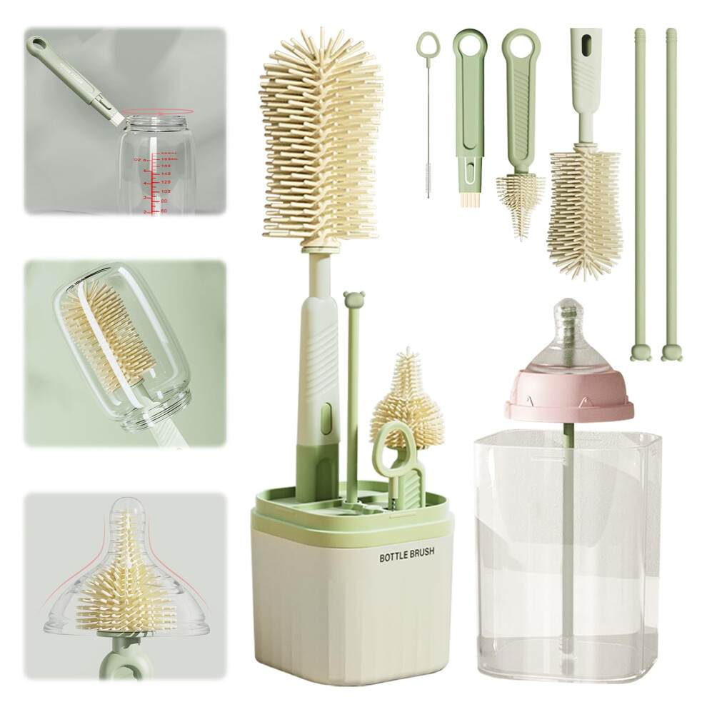 Baby Bottle Cleaning Brush Set 6 in 1 Silicone 360 Rotating Long Handle Nipple and Straw Cleaner with Storage Box