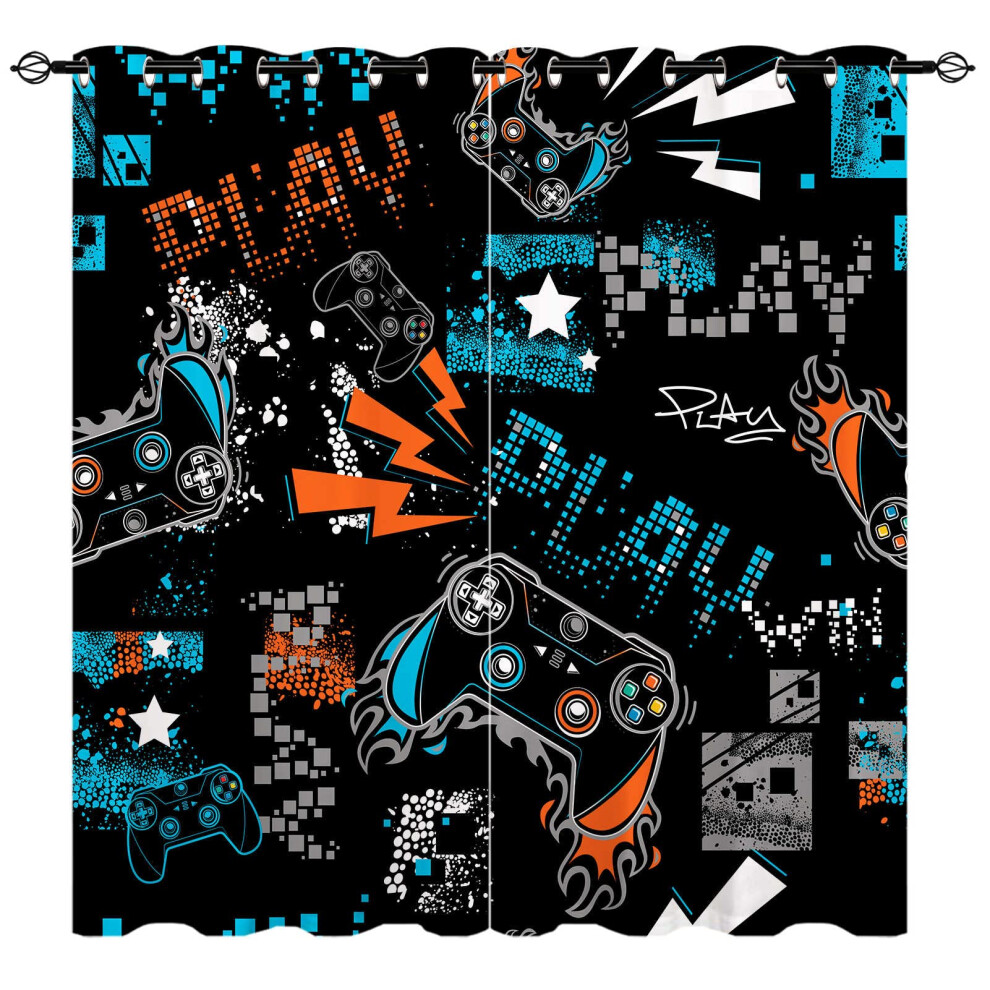 Gamepad Curtains - Kids Graffiti Gamer Video Game Joystick Print Pattern Eyelet Blackout Thermal Insulated & Room Darkening Window Drapes For Yuanzu