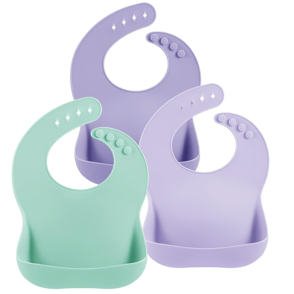 3 Pack Thick Silicone Baby Bibs For Toddlers (10-72 Months)| Adjustable Waterproof Baby Feeding Bibs With Food Catcher Pocket, Soft, Unisex, Pandaear