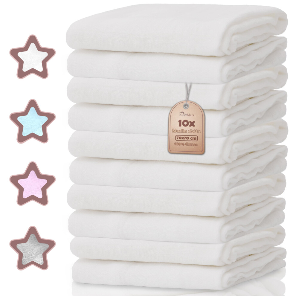 10-Pack Baby Muslin Cloths - 100% Cotton Burp Cloths - Soft And Absorbent For Nursing & Baby Care, Washcloths - 70 X 70 Cm White Naturemark