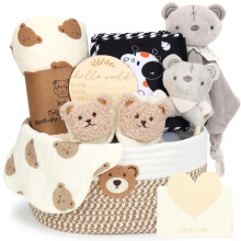 Newborn Baby Gift Basket - Baby Hamper Set with Cotton Rope Basket, Fabric Book, Comforter & Swaddle Blanket, Socks, Rattle, Bib, Milestone Cards