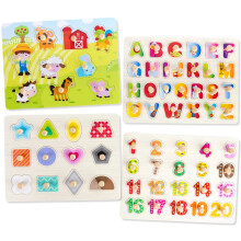 Wooden Puzzles Jigsaw for 3 Year Old, 4 Pcs Toddler Peg Puzzles Animals, Baby Montessori Wooden Toys