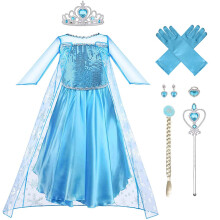Vicloon Elsa Dress, 5PCS Elsa Princess Costume, Elsa Costume Dress with Fairy Crown Wand Gloves and Tiara, Fancy Blue Dress with Elsa Dress Up Access