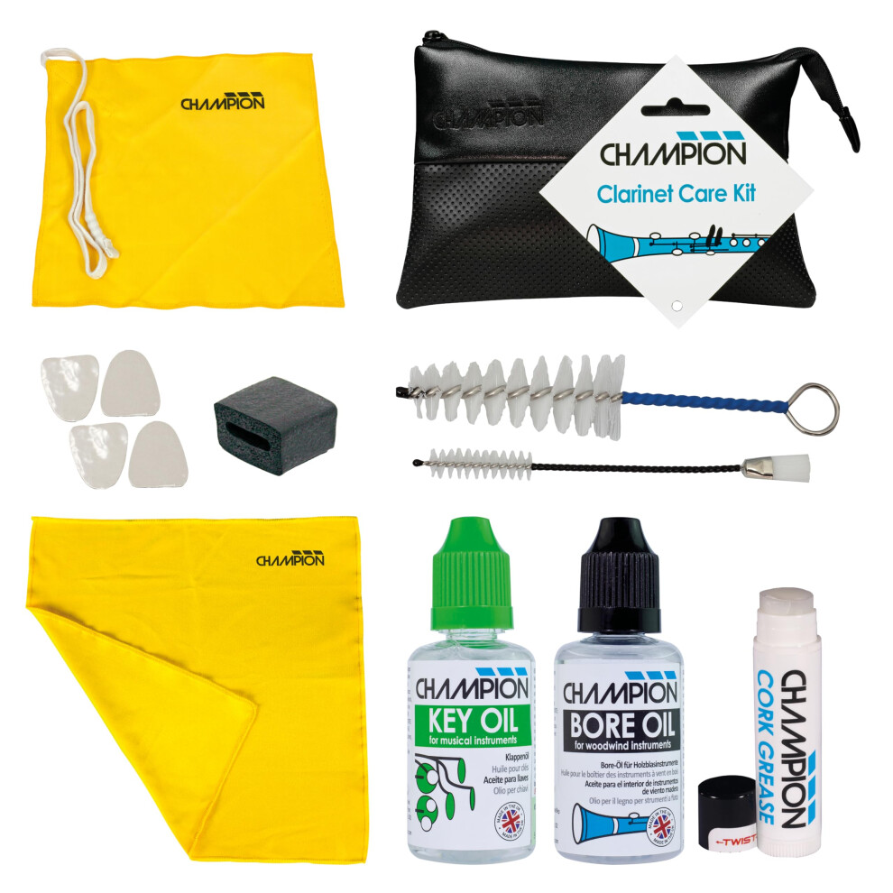 Champion Music Clarinet Care Kit. Cleaning And Maintenance Pack Complete With Valve Oil, Slide Grease, Cleaning Brushes, Long Cleaning Snake Brush &