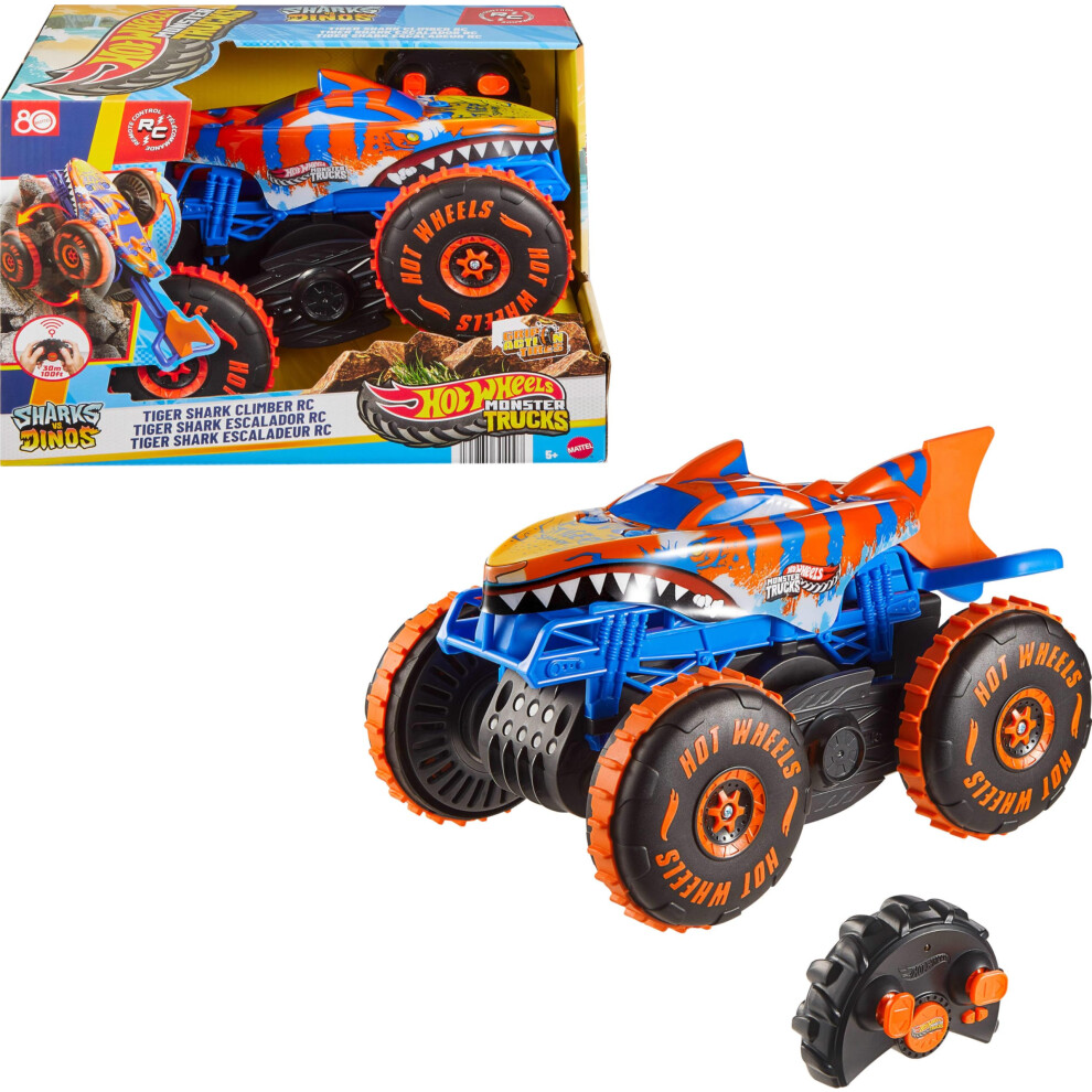 Hot Wheels Monster Trucks Remote Control Toy Vehicle, Large-Scale Rc Tiger Shark Climber With 3 Modes Of Play For Racing, Climbing & Stunting, Jfr39