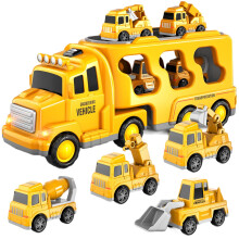 5 in 1 Construction Vehicles Toy for Boys Ages 3 4 5 Years and Up, Car Transporter Truck with 4 Small Cars, Friction Crane, Mixer, Buldozer