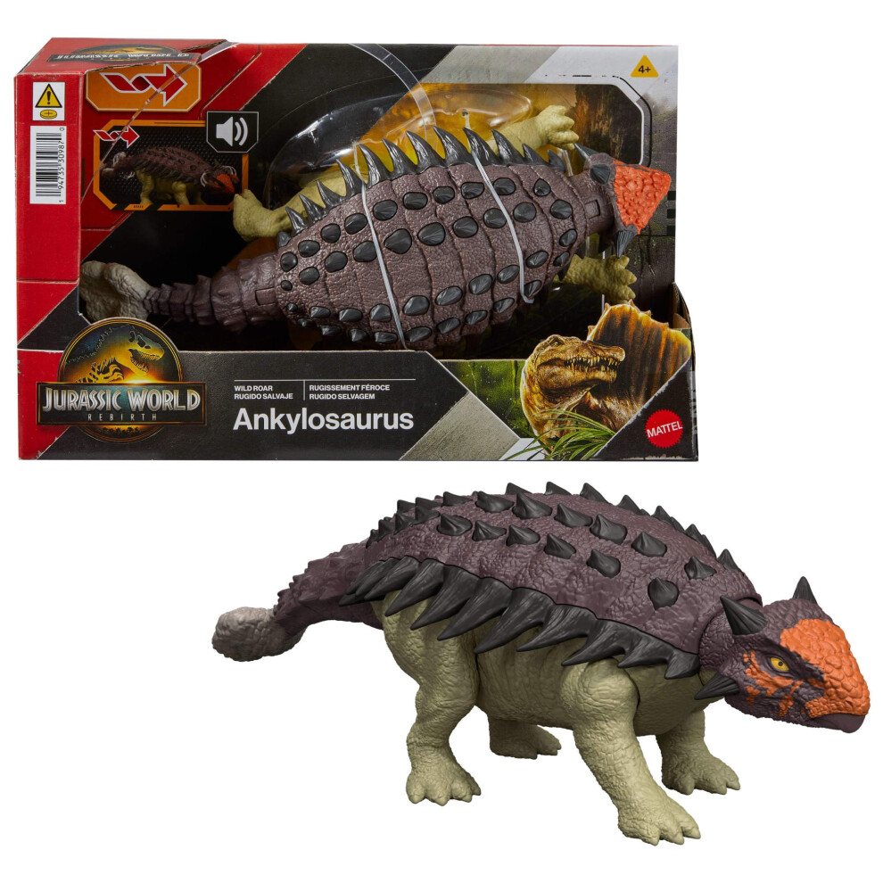 Mattel Jurassic World Rebirth Wild Roar Dinosaur Toy, Posable Ankylosaurus Figure, Tail Controlled Head Butt & Multi Attack & Sound, Digital Play,