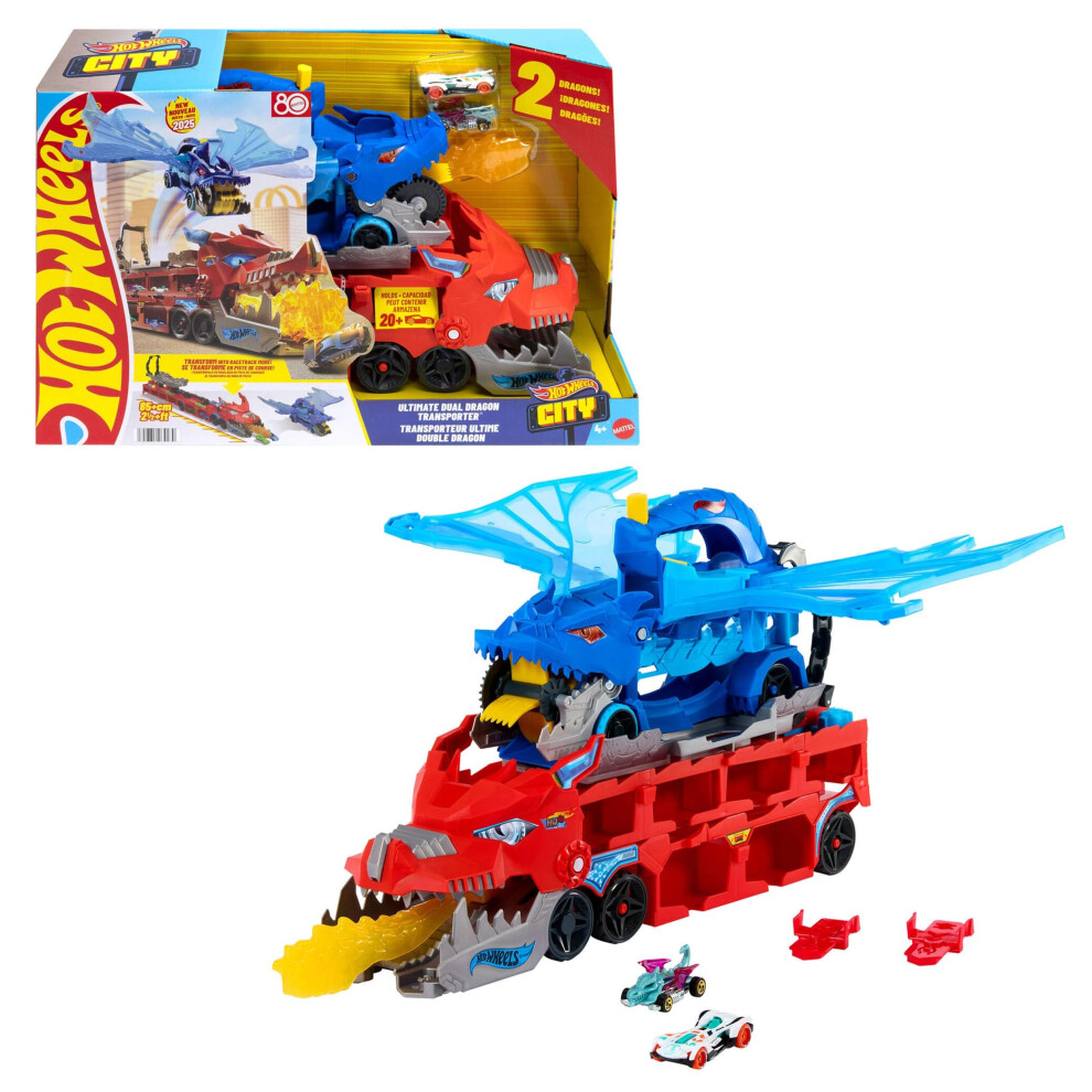 Hot Wheels City Toy Car Track Set, Ultimate Dual Dragon Transporter & 2 Die-Cast Cars, Large-Scale Dragon & Detachable Dragon, Stores 20+ Vehicles, Jk