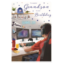 IC&G Special Grandson Birthday Card - Computer Gamer with Headphones and Snacks with a Foil Finish