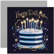 Special Male Birthday Card for Men - Birthday Greeting Cards for Him - Navy Blue and Gold Happy Birthday Cake Artwork Birthday Cards for Men - Stylis