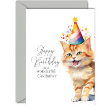 Birthday Cards for Godfather - Party Hat Cat Kitten - Happy Birthday Card for Godfath