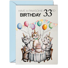 33rd Birthday Card for Women Men - Pawsome Party Cats Balloons - Happy Birthday Cards