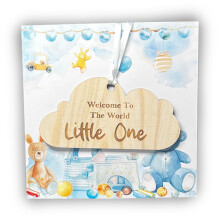 New Baby Boy Card With Wooden Hanging Cloud Keepsake - Newborn Baby Boy Gift Welcome